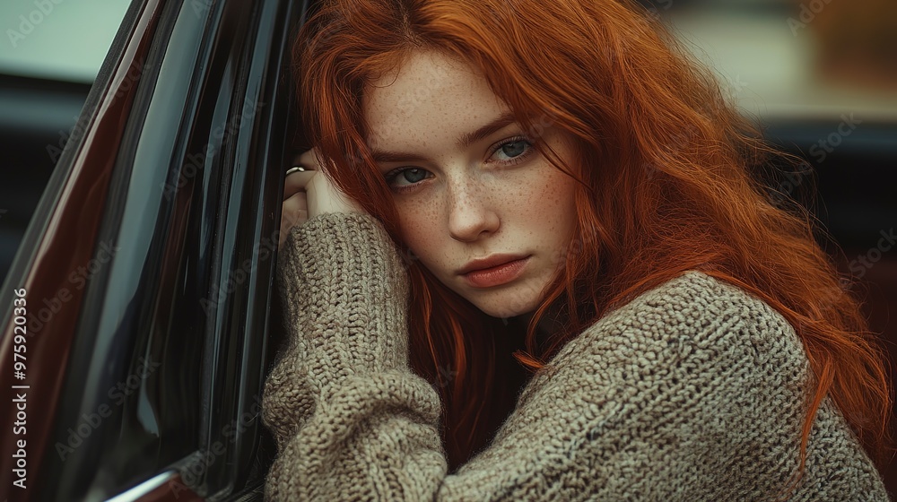 Young Woman with Red Hair Leaning on Car Door