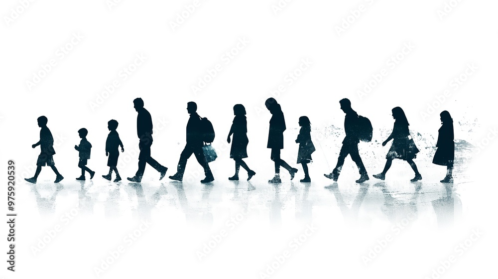 Silhouettes of Families and Individuals Walking on white background Silhouettes of Families and Individuals Walking on white background