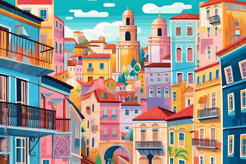 Lisbon urban landscape. Pattern with houses. Illustration