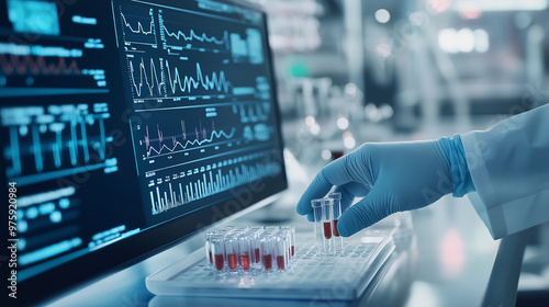 A digital screen with graphs and DNA sequences hovers in the background as a gloved hand arranges vials, showcasing advanced diagnostic tools in precision medicine. photo