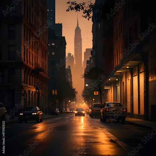 City in the midst of a warm, dusky sunset, a deserted street