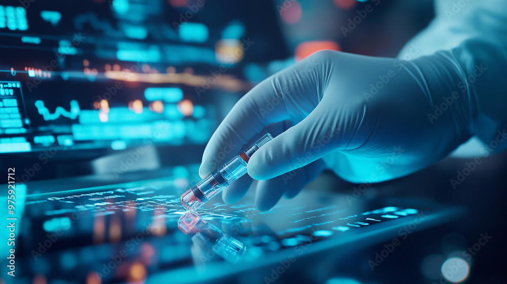 A close-up of a gloved hand sorting vials with a glowing digital interface, showcasing the importance of precision in medical diagnostics and patient care.