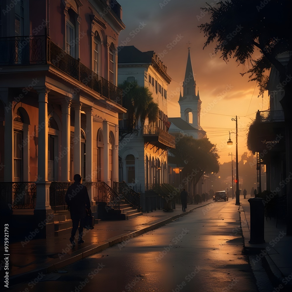 Naklejka premium City in the midst of a warm, dusky sunset, a deserted street