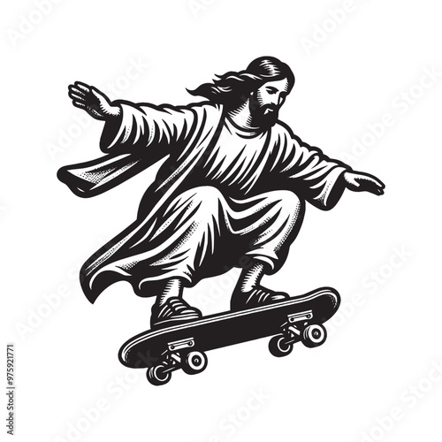 Jesus on a skateboard. abstract vector black hand drawn illustration. Tattoo, print, sketch