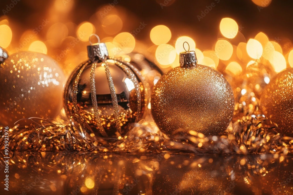 A collection of sparkling decorations, including shiny baubles, tinsel, and ribbons, reflecting a warm, golden light in a festive room. A collection of sparkling decorations, including shiny baubles, tinsel, and ribbons, reflecting a warm, golden light in a festive room.