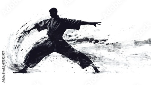 Martial Arts Silhouette with Dynamic Brush Stroke - Karate Stance Illustration on white background