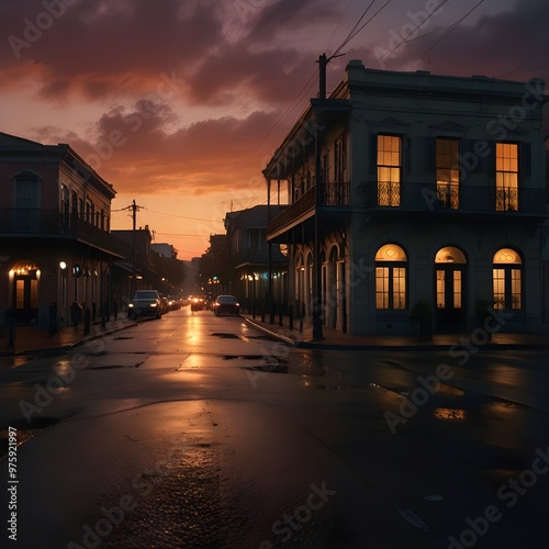 City in the midst of a warm, dusky sunset, a deserted street