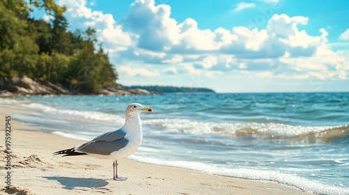 A seagull stands on a sandy beach with the ocean and trees in the background on a sunny day.