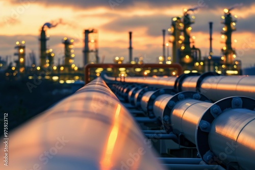 modern oil pipeline with building background, oil storage high tech photo