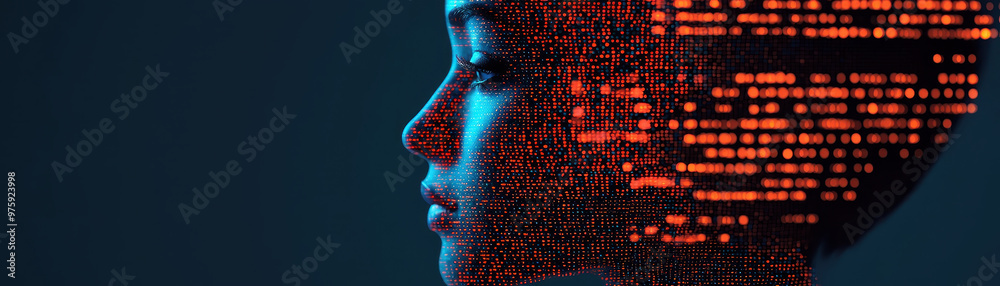 image showcases futuristic representation of human face composed of digital data streams, symbolizing intersection of technology and humanity. vibrant colors and intricate patterns evoke sense of inn