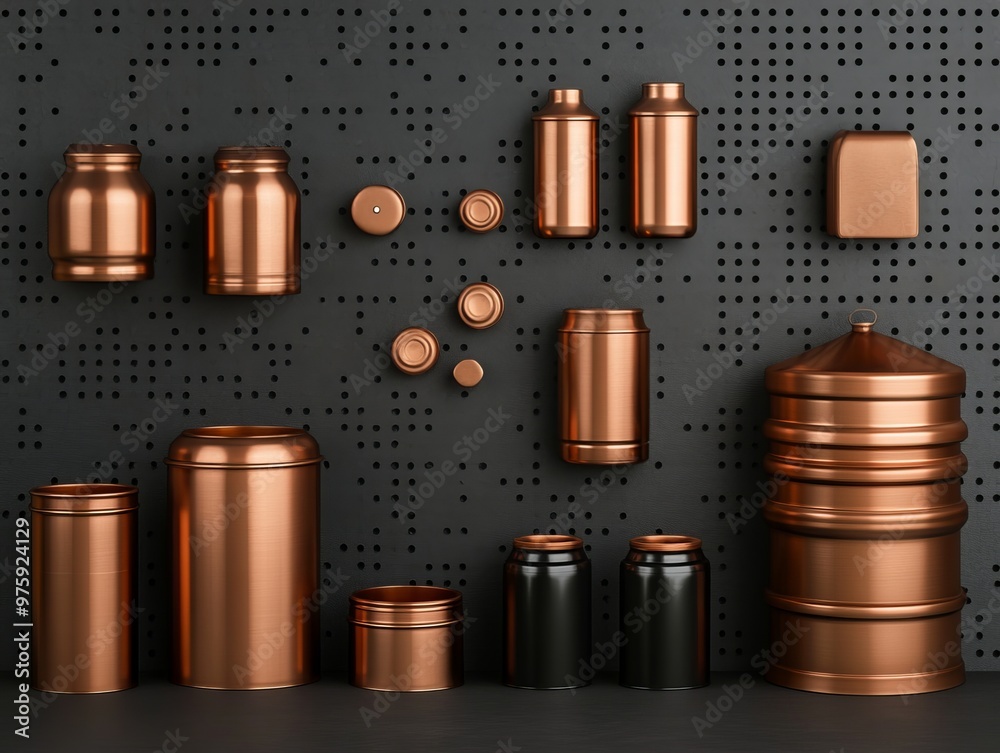 Fototapeta premium A collection of stylish copper containers displayed against a modern black wall, perfect for home decor or organization ideas.
