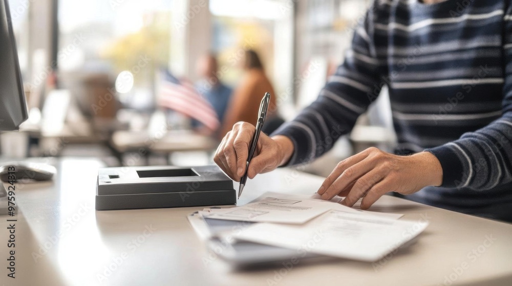 A person writing on a document at a desk, showcasing productivity in a modern office environment with attention to detail. A person writing on a document at a desk, showcasing productivity in a modern office environment with attention to detail.
