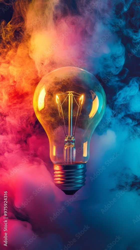 Illuminated light bulb surrounded by colorful smoke, creativity and innovation concept Illuminated light bulb surrounded by colorful smoke, creativity and innovation concept