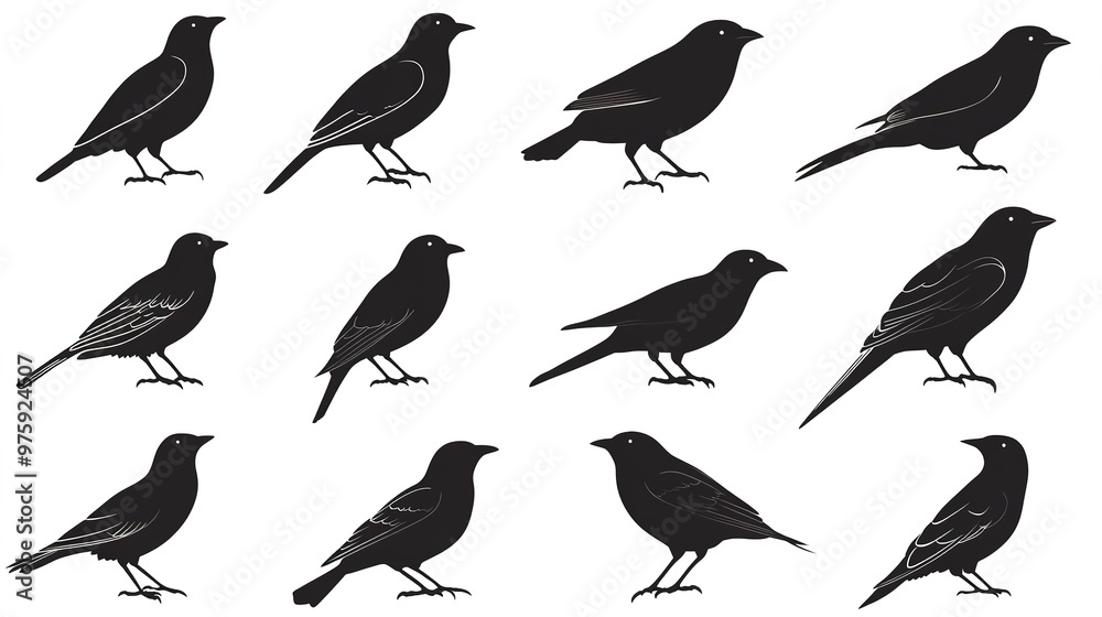 Silhouettes of various birds in different poses against a plain on white background. Silhouettes of various birds in different poses against a plain on white background.