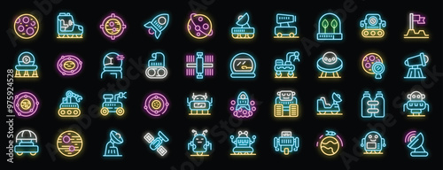 This vibrant collection of neon icons captures the spirit of space exploration with its futuristic and glowing design