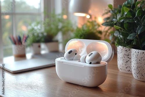 Wireless Earbuds in Charging Case on a Wooden Table photo