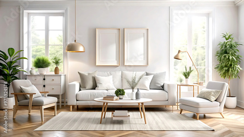 Cozy white living room interior, home mockup, 3d render, white Mock up frame