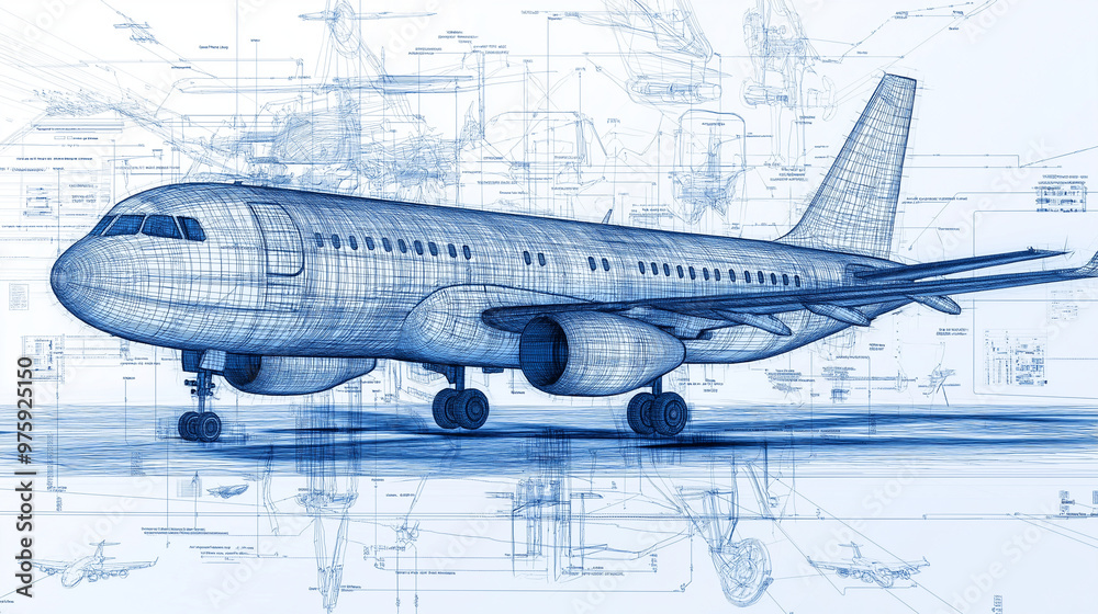 A detailed wireframe 3D vector of an aircraft, with separated layers showing the fuselage, engine, and avionics system. A detailed wireframe 3D vector of an aircraft, with separated layers showing the fuselage, engine, and avionics system.