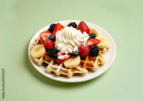 Belgium waffle with berries, banana and wiped cream on the plate standing on the green background