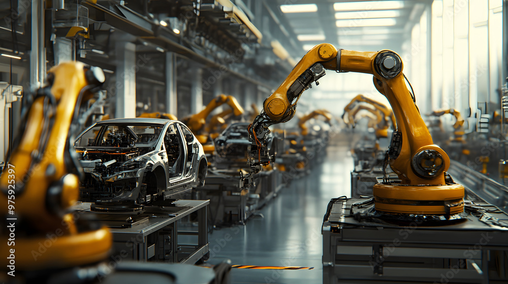 Robotic arms in a car factory assembling vehicles Robotic arms in a car factory assembling vehicles