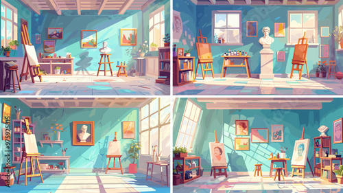 Art studio cartoon vector scenes. Easels sculptures brushes window oil paints artworks racks sketches instructional creative space room class empty interior illustrations
