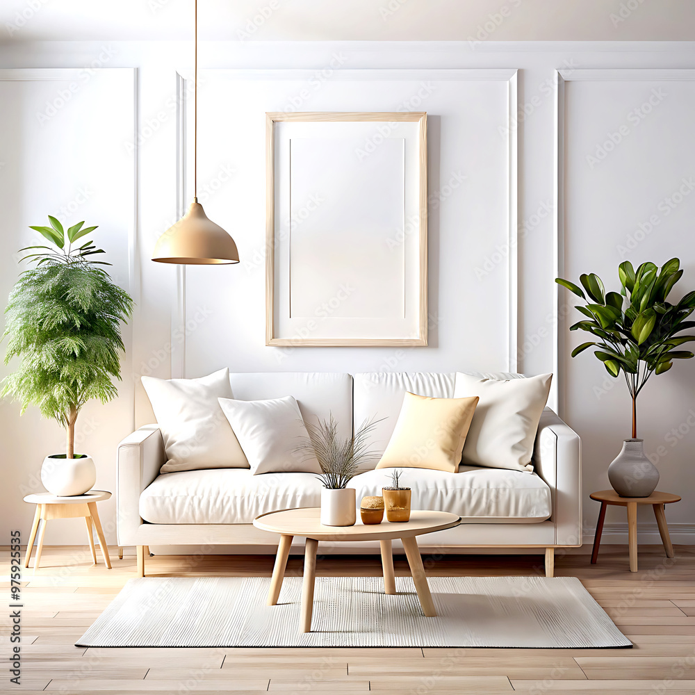 Fototapeta premium Cozy white living room interior, home mockup, 3d render, white Mock up frame