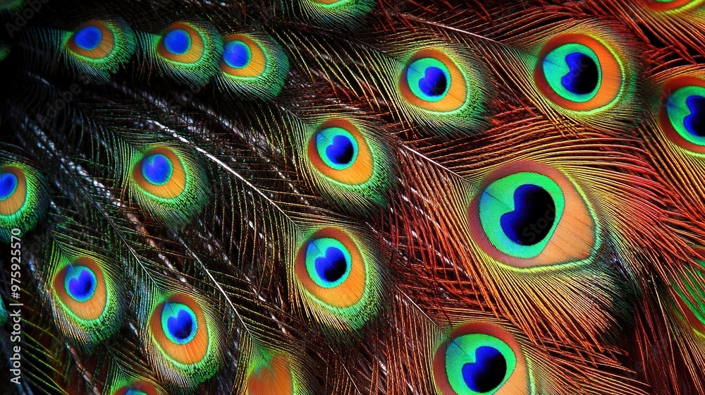Obraz premium Peacock Feathers Display, vibrant , iridescent , bird , nature 