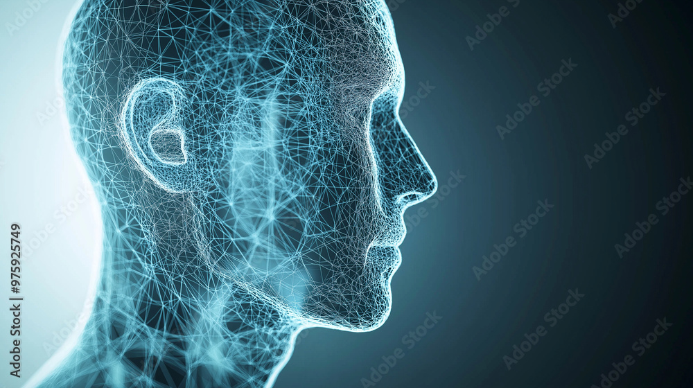 Obraz premium A wireframe-style 3D vector of a human face, with layers showing visible skin structure and invisible underlying bone and muscle networks.