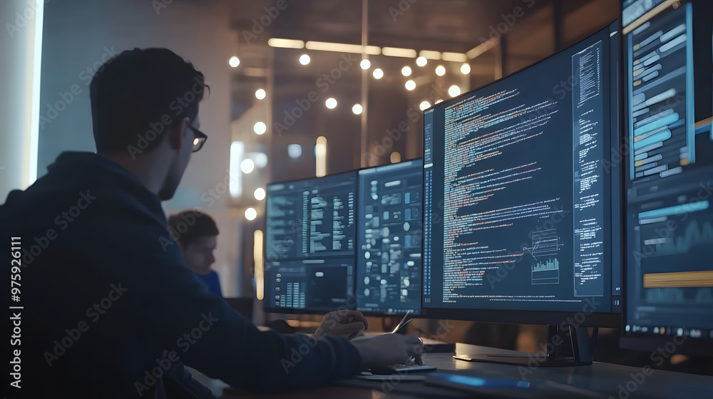 Person coding intensely in dimly lit modern office setup.