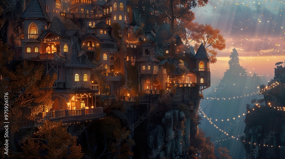 A whimsical village nestled in a mountainside, illuminated by warm lights, with a magical atmosphere. A whimsical village nestled in a mountainside, illuminated by warm lights, with a magical atmosphere.