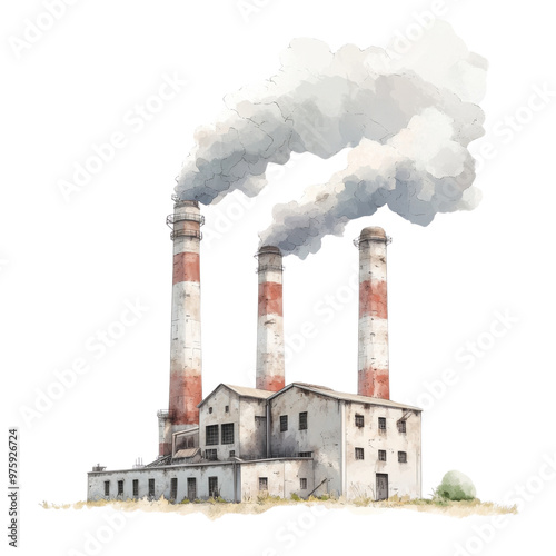 An illustration of a factory emitting smoke from tall chimneys, symbolizing industrial activity and environmental impact.