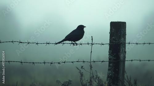 a black bird perches on a misty barbed wire fence