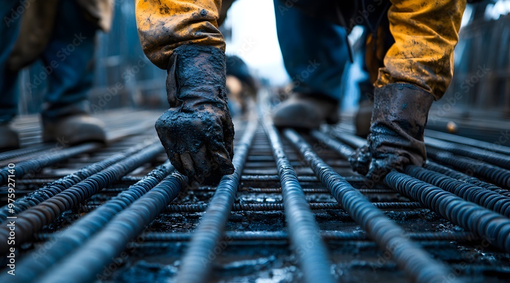 Close-up of a worker's hand holding a steel safety cable and rebar on a construction site Close-up of a worker's hand holding a steel safety cable and rebar on a construction site
