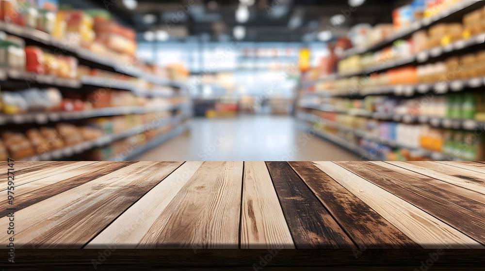 Wooden table top with a blurred background of a supermarket interior, featuring shelves full of products for product display or montage Wooden table top with a blurred background of a supermarket interior, featuring shelves full of products for product display or montage