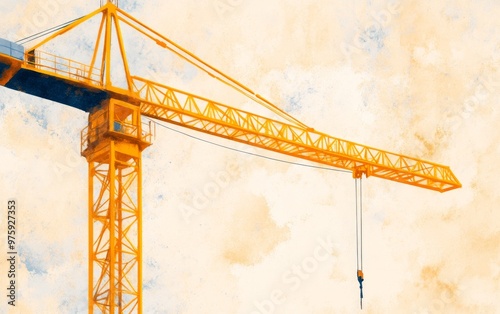 An orange construction crane stands tall against a soft, abstract background, symbolizing industry and progress.