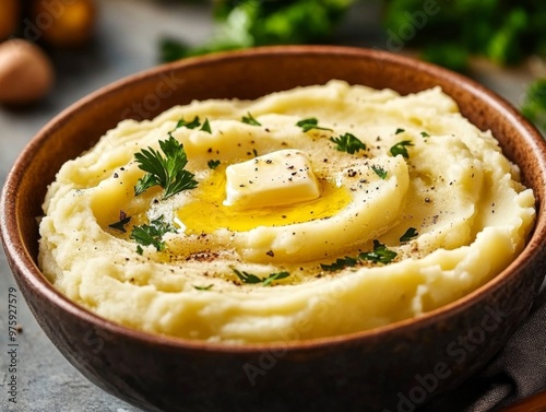 Creamy Mashed Potatoes with Butter and Parsley in a Brown Bowl photo