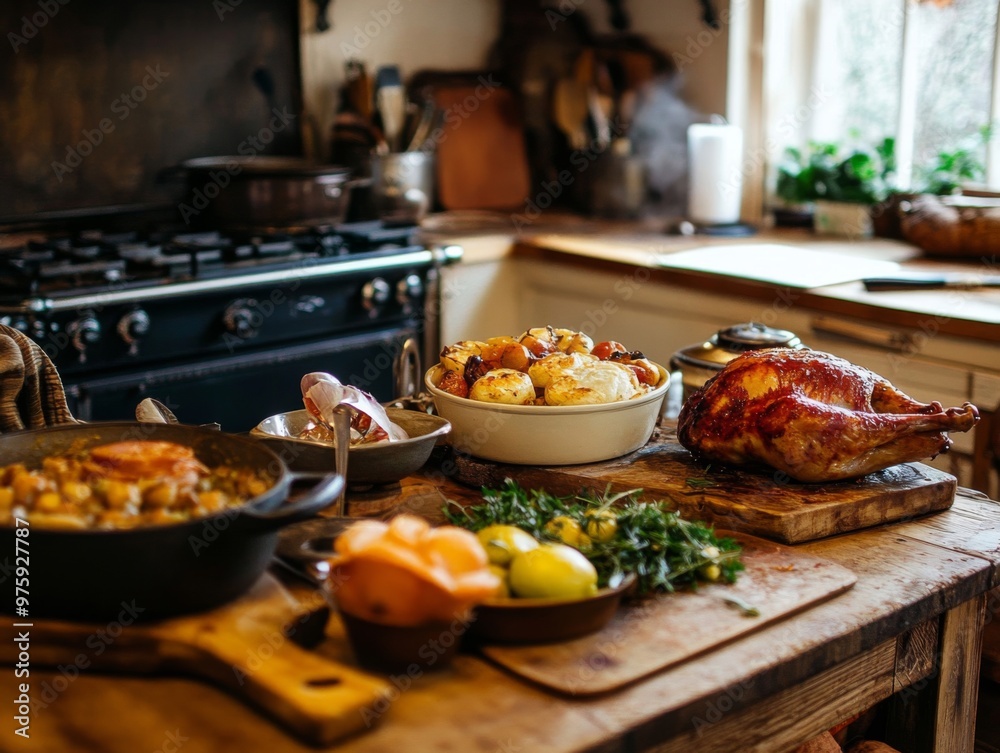 A Rustic Kitchen Table Set with Roasted Chicken, Potatoes, and Lemons A Rustic Kitchen Table Set with Roasted Chicken, Potatoes, and Lemons