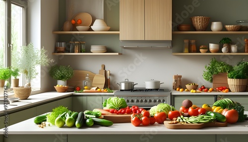 Inviting modern kitchen showcasing a soothing color palette filled with artfully arranged fresh vegetables and fruits, perfect for culinary creativity