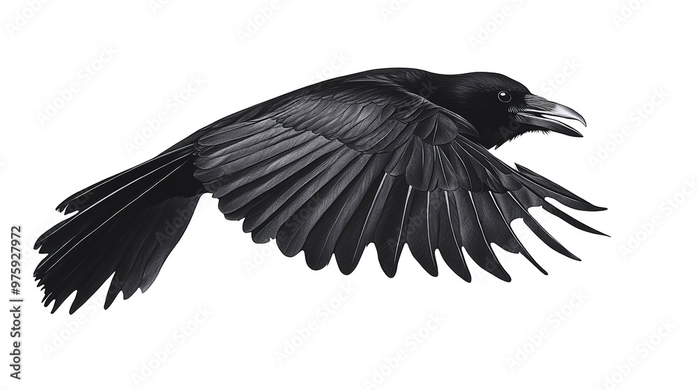 Fototapeta premium Mysterious Crow in Mid-Flight on white background 