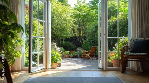 Bifold doors in a chic designer room overlook a lovely summertime garden and patio.