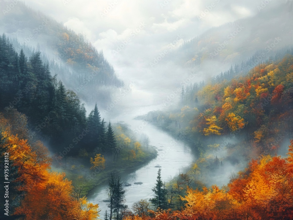 Serene River Winding Through a Misty Autumn Forest Serene River Winding Through a Misty Autumn Forest