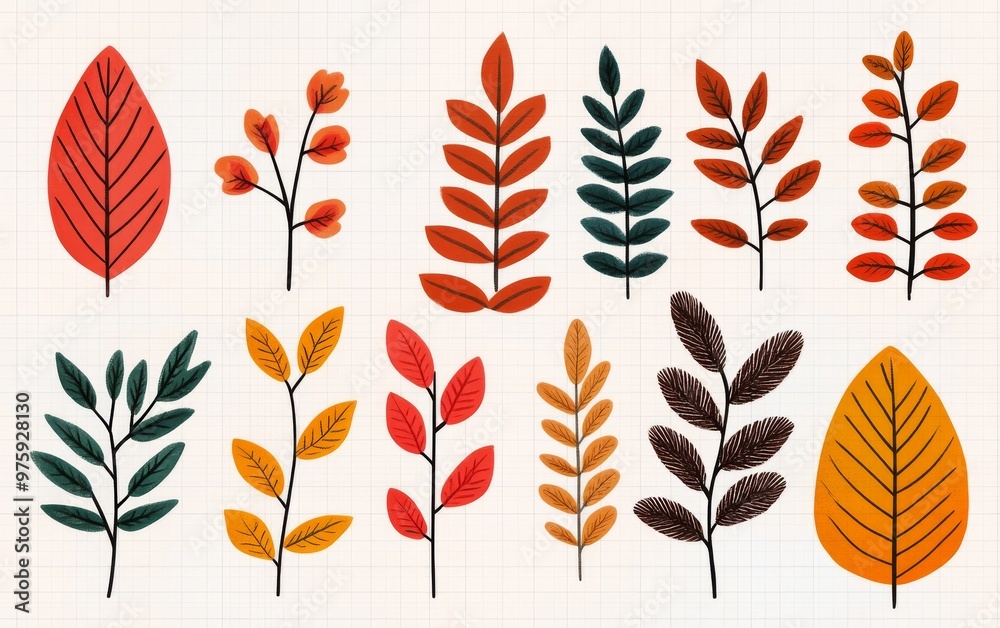 Fototapeta premium Colorful collection of autumn leaves and branches showcasing vibrant red, orange, and green hues perfect for seasonal designs.