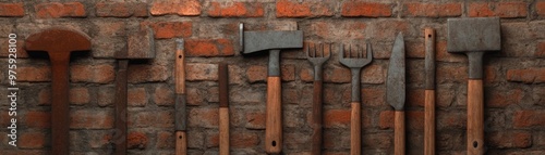 Collection of vintage hand tools displayed against a rustic brick wall, showcasing craftsmanship and history in woodworking.