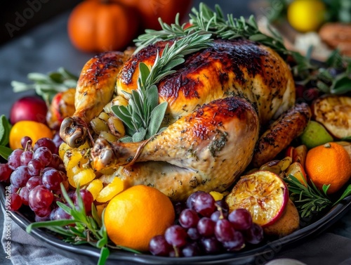 Roasted Chicken with Fruits and Herbs on a Black Plate