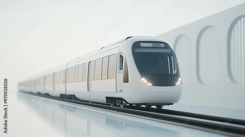 Fototapeta premium A detailed 3D rendering of a contemporary subway train on a white backdrop, emphasizing its modern aesthetics and technological elements. photo