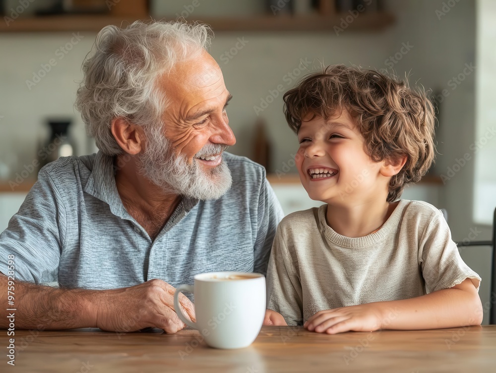 Father and son sharing a laugh over a cup of coffee at the kitchen table, the bond of care and family evident Father and son sharing a laugh over a cup of coffee at the kitchen table, the bond of care and family evident