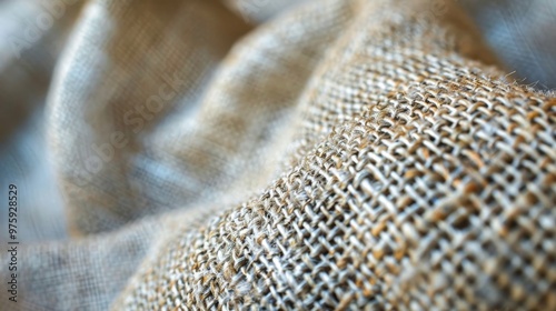 Close-up view of textured natural fiber fabric showcasing intricate weaving patterns in soft neutral tones photo