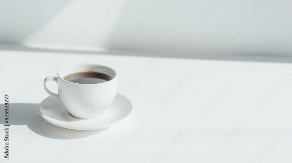 A clear view of a coffee cup resting on its matching saucer against a white backdrop, showcasing the simplicity and refinement of the coffee service. photo