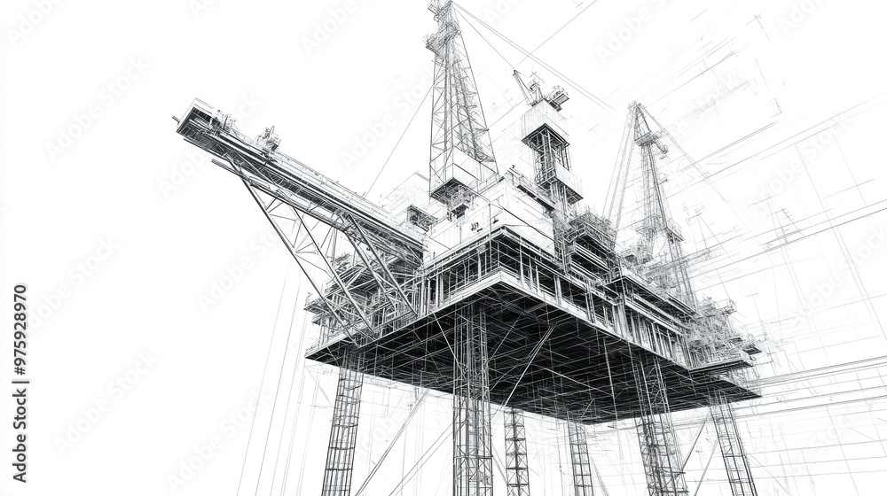 Wireframe drawing of an offshore oil rig against a white background. Wireframe drawing of an offshore oil rig against a white background.