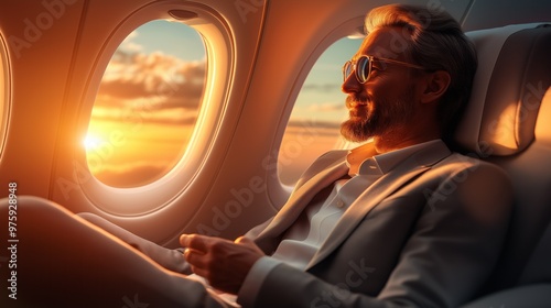 Wallpaper Mural Man in business attire enjoying first-class flight at sunset. Luxury travel concept with vibrant colors. Torontodigital.ca